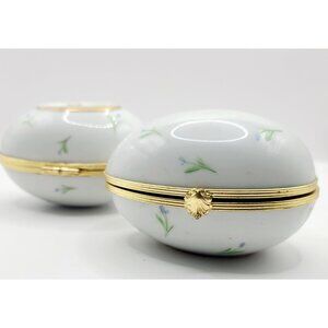 Vintage FM Limoges Porcelain Egg Trinket Dish Pill Box Floral Hinged Set of 2